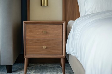 The small walnut bedside table with one drawer and two doors is in the corner of an unmade bed