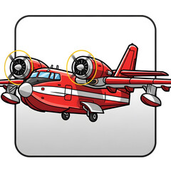 Cartoon illustration of a red and white water bomber airplane with two propellers in action against transparent background.