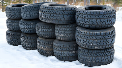Arrangement of stacked black tires outdoors in the snow during winter season