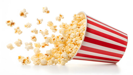 Festive striped container spills delicious popcorn, a tasty snack for cinema viewing or a casual treat on a clean white backdrop.