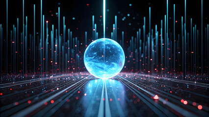Glowing sphere illuminates digital lines in a futuristic abstract data stream, showcasing technology and network communication.