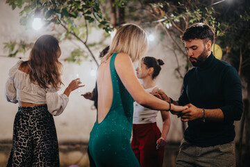 Friends enjoying a lively evening gathering filled with music, dancing, and fun conversation...