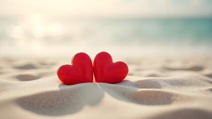 Fototapeta premium Two Red Hearts on Sand with Romantic Beach Vibes