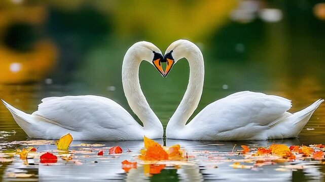 Two white swans facing each other on the water forming two hearts with their necks autumn leaves floating in the background soft focus with green and orange tones - Powered by Adobe