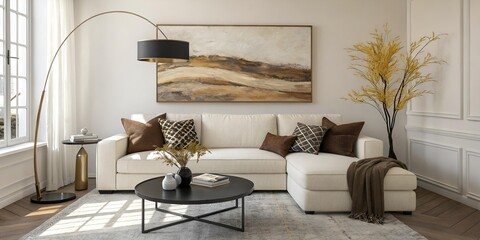 "Bright Scandinavian Modern Classy Drawing Room with Minimalist Furniture, Greenery, and Inviting Natural Light"