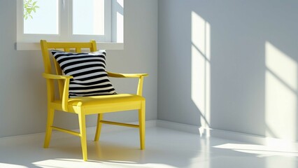 Yellow wooden chair with striped pillow in a bright, modern room. Sunlight through window creates serene, minimalist atmosphere with clean, cosy interior decor.