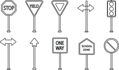 Road sign. Road signs set, Seamless pattern with road signs. Vector Illustration