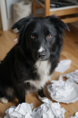 Playful black and white dog surrounded by torn paper indoors