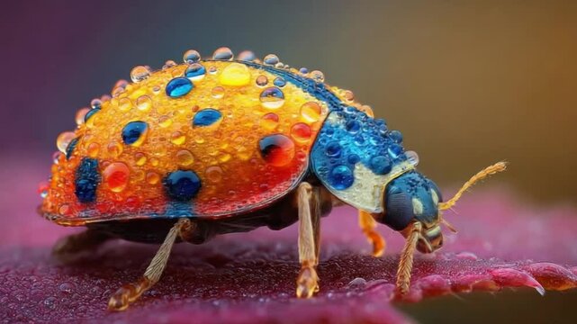 A beautiful colorful ladybug with water droplets on its wings captured through macro photography The vibrant colors and highly detailed image create a stunning bokeh-effect nature phot