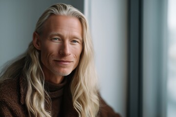 Fototapeta premium Mature caucasian male with long hair smiling by a window