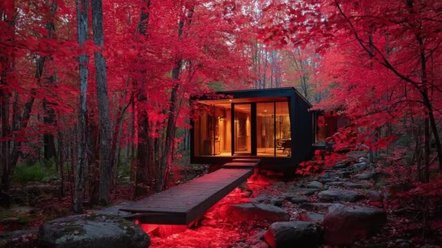 A cabin in the woods with red maple trees surrounding it The interior of the house is illuminated by a warm red lighting The cabin is situated on a wooden walkway that extends over roc