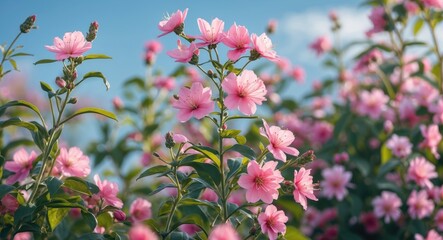 Pink flowering plants with green leaves under a blue sky