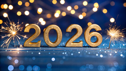 Glimmering golden 2026 sparkles brightly against a deep blue backdrop, signaling a joyous celebration for the upcoming new year.