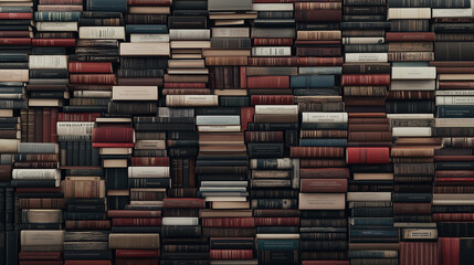 A dense arrangement of books stacked tightly, highlighting unique covers and spines. Perfect for book lovers, libraries, and reading enthusiasts. Portrays a sense of knowledge, storage