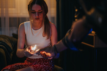 A focused young woman holds a lighter, illuminating a cigarette in an atmospheric setting.
