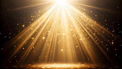 Golden ethereal light beams with sparkling particles illuminate a space, radiating from above in a beautiful display.