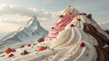Whimsical dessert mountain made of ice cream and candy with snowy peak background