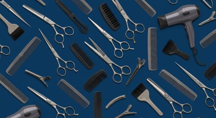 Fototapeta premium Hairdressing Tools Flatlay: Combs, Scissors, and Hair Dryer on Blue