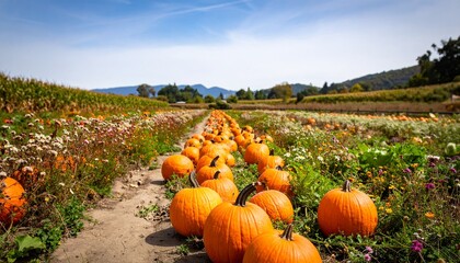 orange pumpkins at outdoor farmer market in the countryside. pumpkin patch.  Copy space for your text