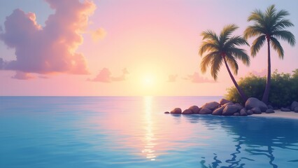 Sunrise Over Serene Tropical Island in Dreamy Oil Painting Style