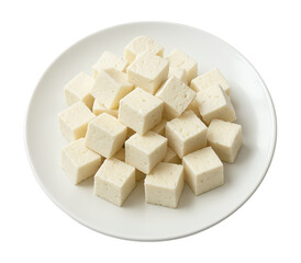 Crumbled Feta Cheese Cubes Artfully Displayed on a White Plate, Ideal for Salads and Mediterranean Dishes, Isolated on Transparent and White Background