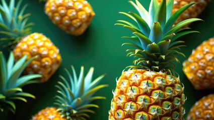 Fototapeta premium Close-up of pineapples with green background, showcasing their textured skin and spiky leaves.