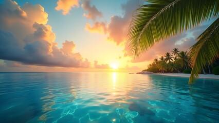 Sunrise Over Tropical Island with Palm and Colorful Sky Reflection