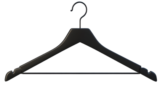 Close up of a black clothes hanger showcasing its sturdy design against a transparent background ideal for retail and fashion contexts
