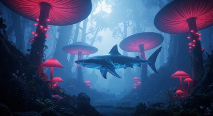 Surreal fantasy landscape of a glowing shark floating through a mysterious forest of giant red mushrooms