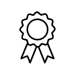 Black and White Outline Icon of an Award Ribbon Badge – Minimalist Flat Vector Symbol for Achievement, Certification, Quality, and Recognition Graphics in Digital and Print Design