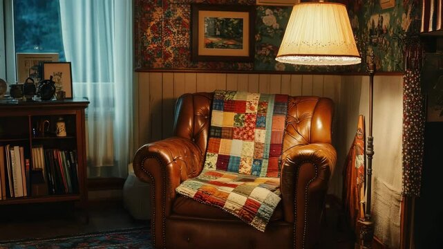 Cozy vintage living room with antique floor lamp, plush leather club chair, and warm patchwork quilt, capturing a timeless classic interior aesthetic