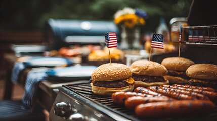 Close up of burgers and hotdogs on a grill with american flags for a fourth of july celebration