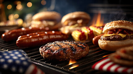 A close up of burgers and hot dogs grilling on a barbecue with an american flag decoration