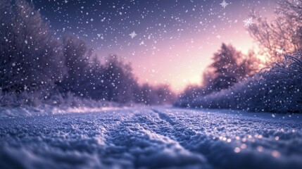 Magical winter scene with falling snow and a path through snowy trees