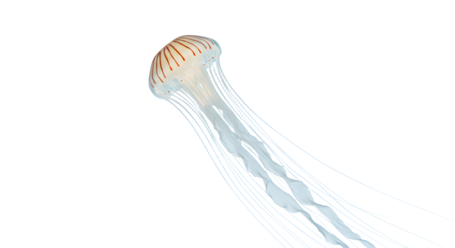 A translucent jellyfish gracefully swims through clear ocean waters, surrounded by vibrant marine life and coral formations - Powered by Adobe
