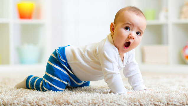 Adorable baby boy crawling on a fluffy carpet with an open mouth in surprise