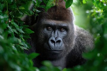 Obraz premium Majestic gorilla observing its surroundings among lush green foliage in a rainforest habitat
