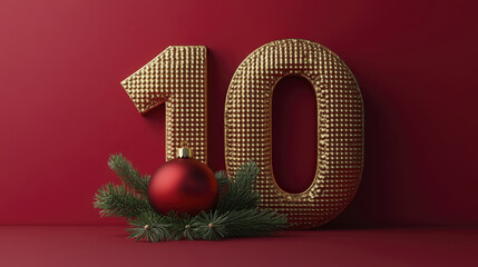 Number ten is rendered in dotted gold texture with red ornament and fir