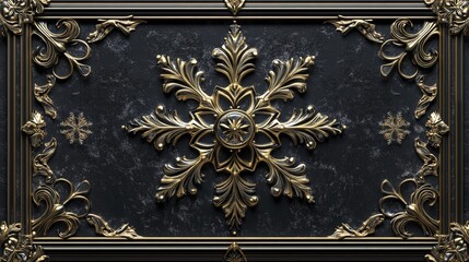 Ornate Gold Floral Design on Textured Black Background with Decorative Frame