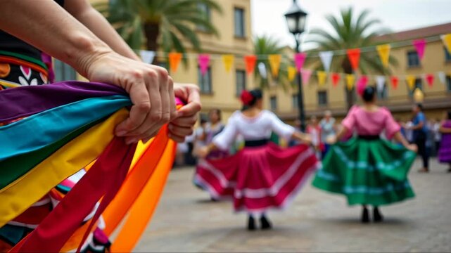 A close-up of a dancer's hands holding colorful ribbons, performance during a traditional Mexican folk dance in traditional costumes. Cinco de Mayo. Independence Day. Fiesta and festival vibe