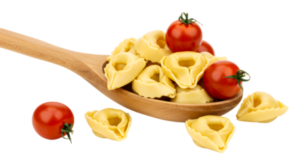 A wooden spoon filled with fresh tortellini pasta and ripe cherry tomatoes, set against a clean, white background