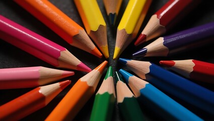 Close-up of Sharpened Colored Pencils on Dark Background