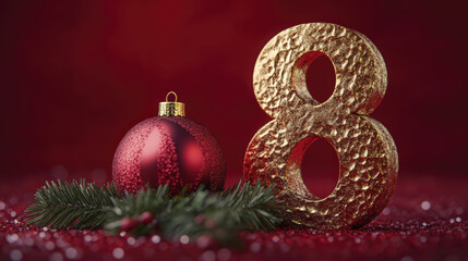 Red Christmas ornament and golden number eight share a festive seasonal stage against a ruby backdrop
