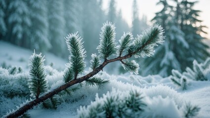 Snow-covered tree branch in winter, with frost and pine needles. Cold weather, nature, and holiday season theme. The scene of winter tranquility and frost.