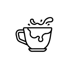Outline coffee cup with liquid spilling over the rim splashes on background beverage