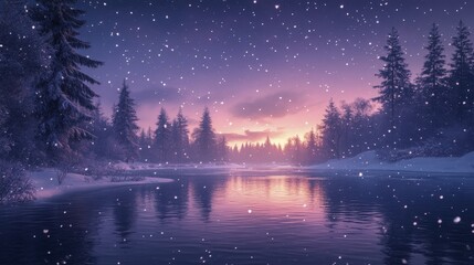 Serene Winter Landscape with Snow Falling on Forest and Reflective Lake at Sunset