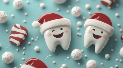 Smiling cartoon teeth wear Santa hats amidst festive spheres on light blue background