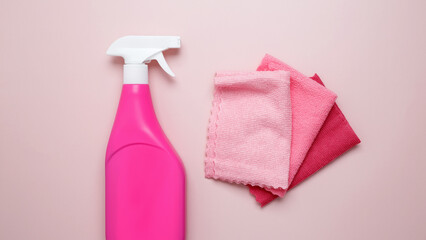 Household cleaning and hygiene concept. Pink cleaning supplies including spray bottle and microfiber cloths