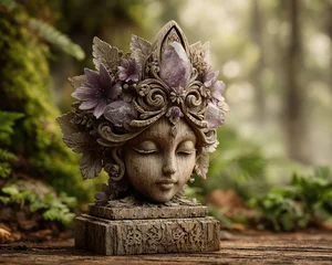 Poster Fantasy Goddess Sculpture, goddess carved from enchanted wood and amethyst crystal, surrounded by nature spirits in morning mist, harmony between forest and sacred femininity