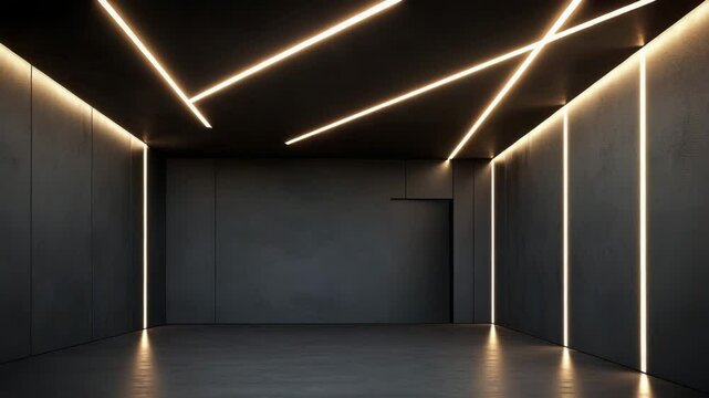 Geometric corridor ceiling design with angular panels and linear lighting on a dark matte surface